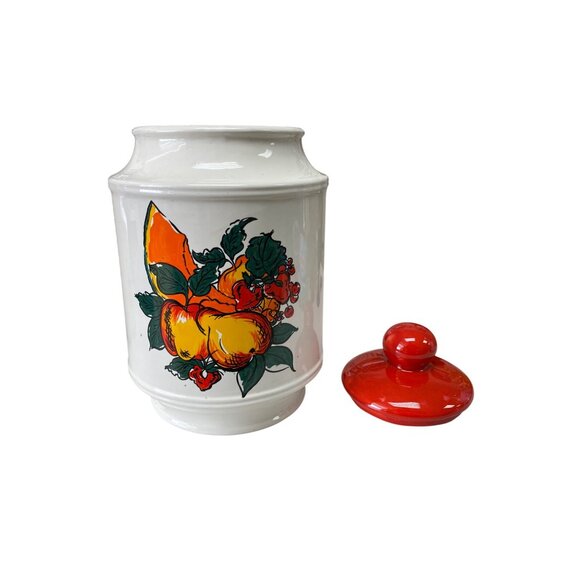 Vintage Italian Ceramic Canister With Hand-Painted Fruit Motif & Red Lid - Picture 9 of 9